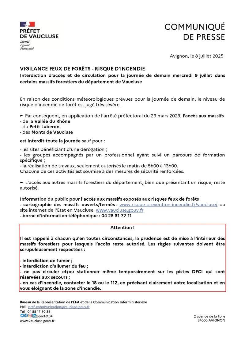 Préfecture de Vaucluse : Communiqué de presse