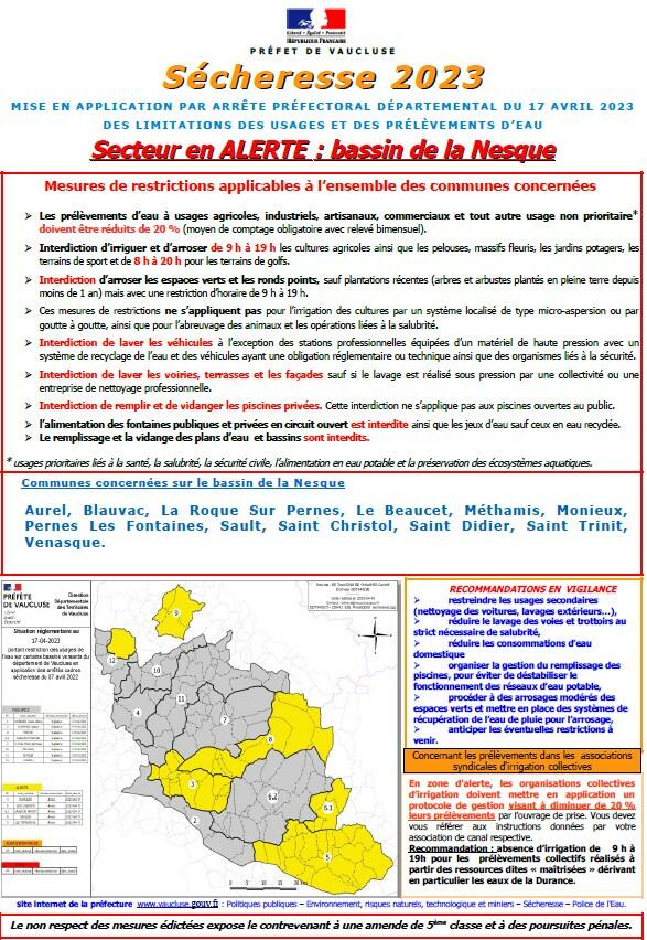 SECHERESSE 2023 - Arrêté préfectoral du 17 avril 2023