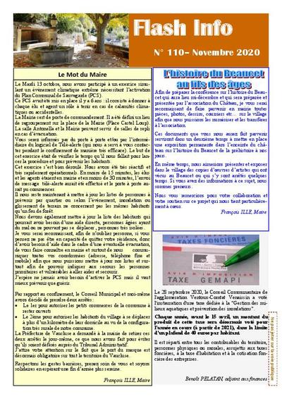 Bulletin municipal Le Beaucet - Flash Info N°110 - Novembre 2020