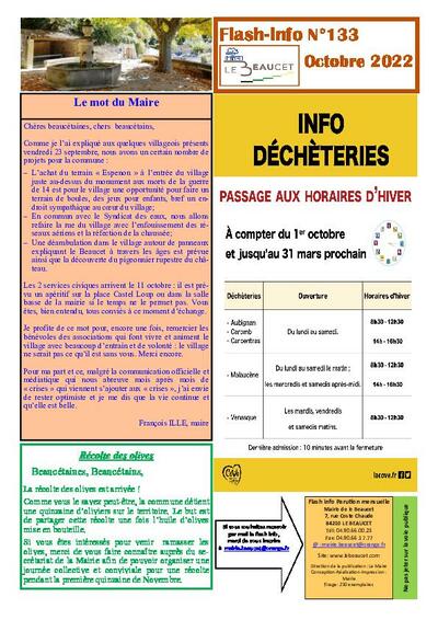 Bulletin municipal Le Beaucet - Flash info N°133 - Octobre 2022
