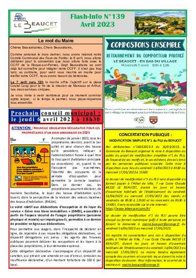 Bulletin municipal Le Beaucet - Flsh Info N°139 - Avril 2023
