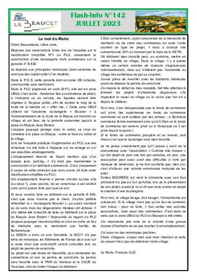 Bulletin municipal Le Beaucet - Flash info n°142 Juillet 2023
