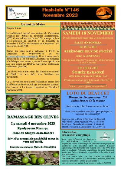 Bulletin municipal Le Beaucet - Flash info n°146 novembre 2023