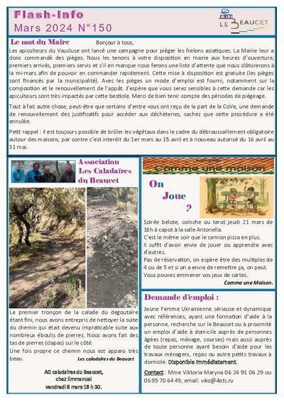 Bulletin municipal Le Beaucet - Flash Info N°150 Mars 2024