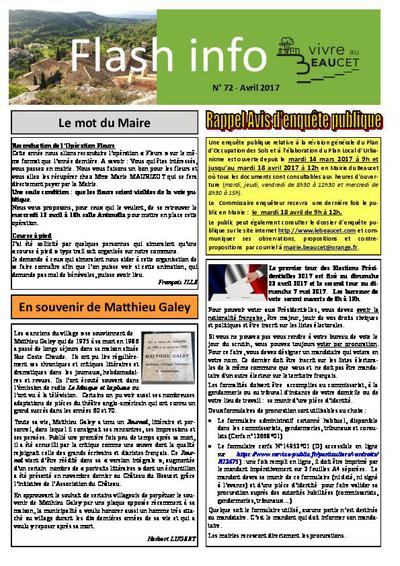 Bulletin municipal Le Beaucet - Flash info N°72 - Avril 2017