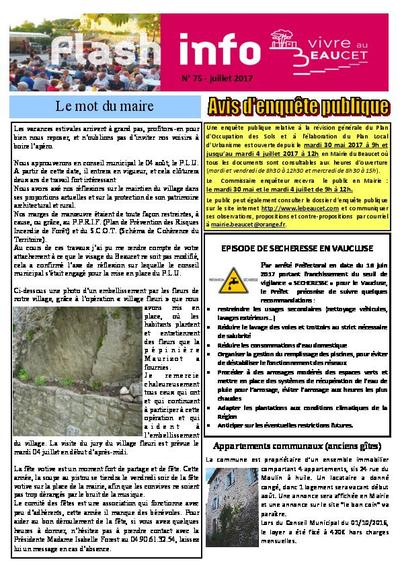 Bulletin municipal Le Beaucet - Flash info N°75 - Juillet 2017