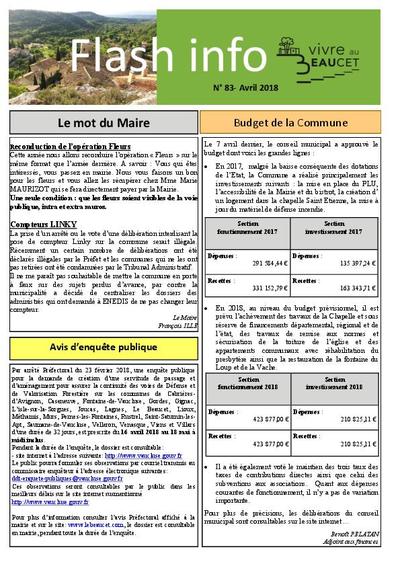 Bulletin municipal Le Beaucet - Flash-Info N°83 - Avril 2018